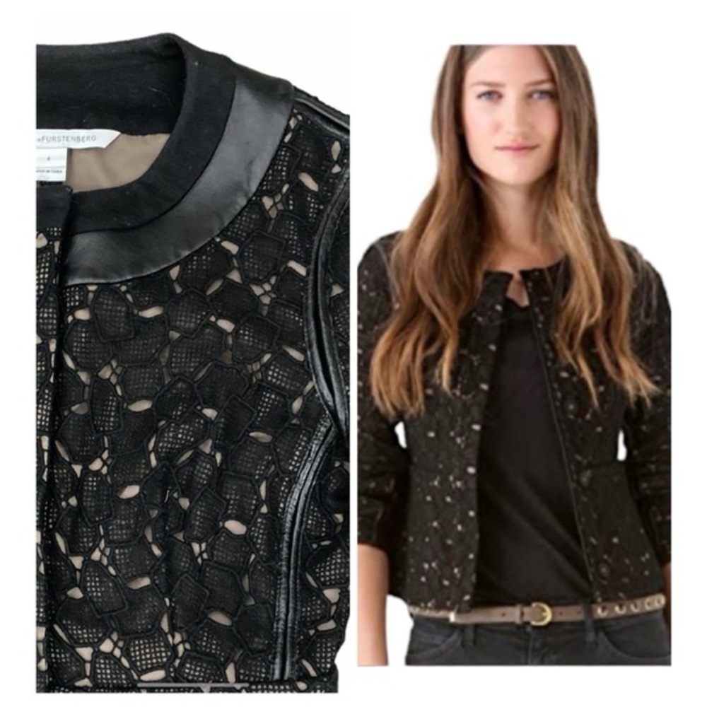 Diane Von Furstenberg Maya Pebble Lace and Leather Black Button and Zip Blazer